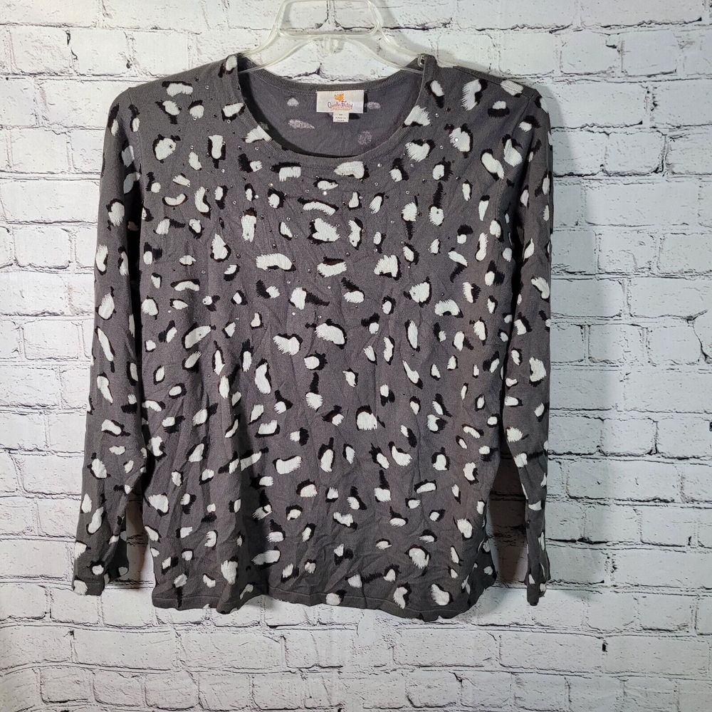 Quacker‎ Factory Sweater Women M Grey Animal Print Rhinestone A345110 Excellent